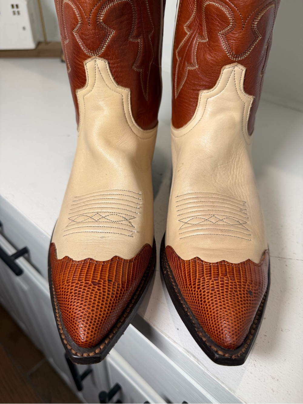 Two-Tone Brown and Cream Women's Western Heeled Boots - Picture 3 of 12
